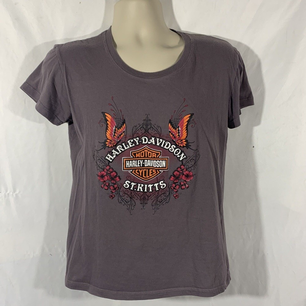 Harley-Davidson Women’s Purple/Gray  Butterfly Flower Logo Sz Xl Tshirt St.Kitts